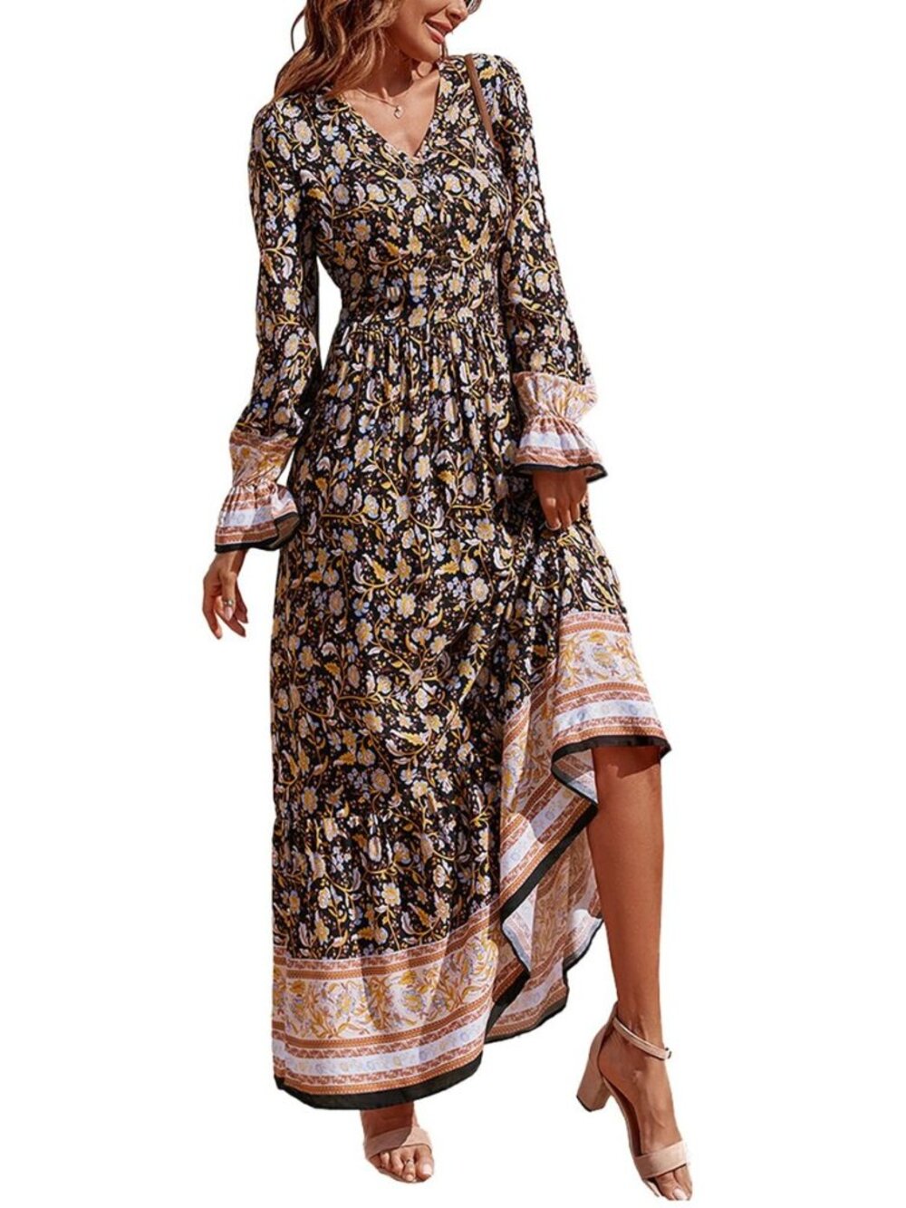 Long Sleeve Maxi Dress for Women V Neck Casual Button Down Boho Long Floral